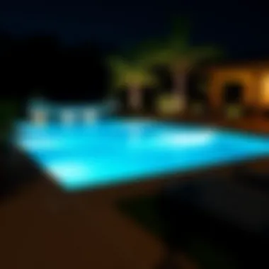 Illuminated Pool Area at Night Night view of a pool area with lights to deter raccoons