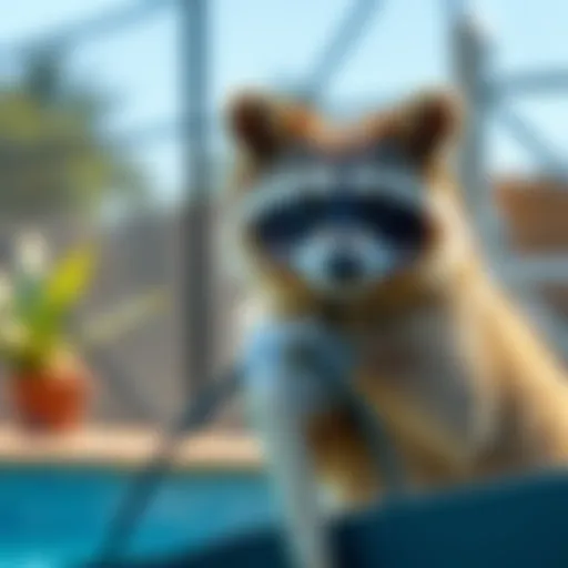 Raccoon peering over a pool fence