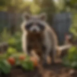 Raccoon in a garden looking curiously at a vegetable patch