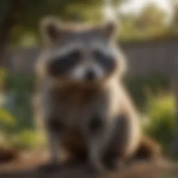 Raccoon exploring a backyard garden