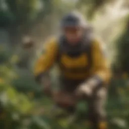 A skilled bee catcher with specialized equipment in a lush garden