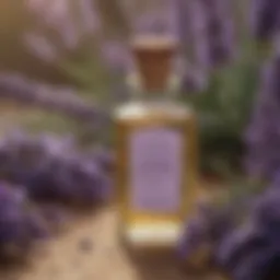 Lavender oil bottle surrounded by lavender flowers
