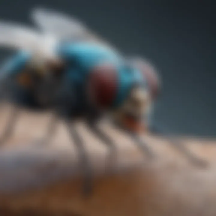 Close-up of a blue fly resting on a surface