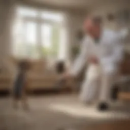 Professional pest control technician applying flea treatment in a living room
