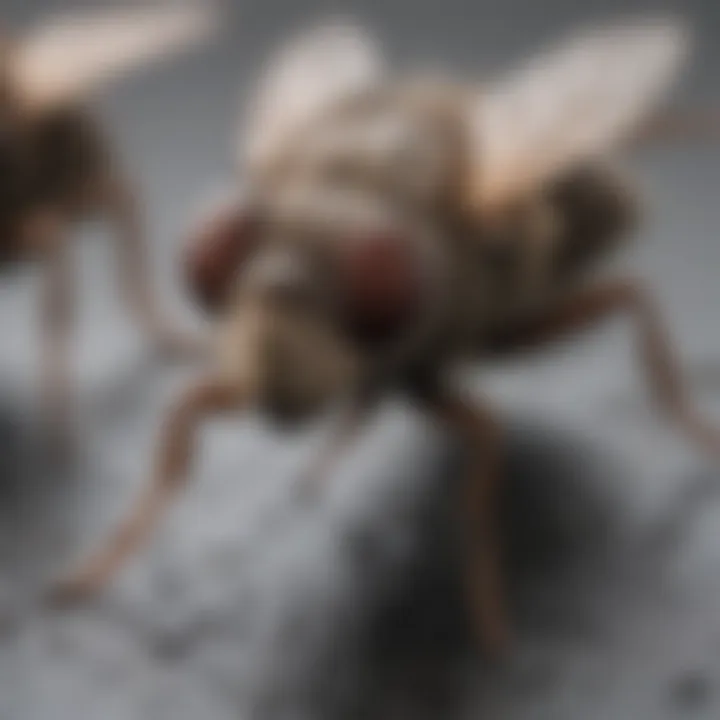 Close-up view of drain flies resting on a surface