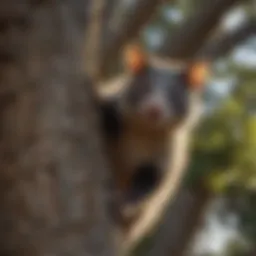 Possum climbing a tree near a home