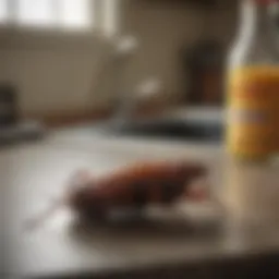 Close-up of a large cockroach on a kitchen countertop