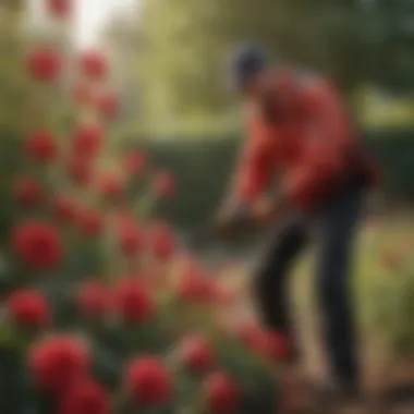 A gardener applying targeted pest control methods in a rose garden, using eco-friendly solutions.