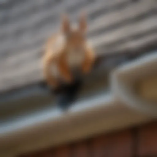A detailed view of a squirrel baffle installed on a gutter downspout