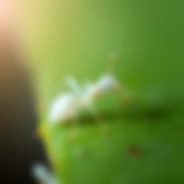 Close-up of a tiny white ant on a leaf