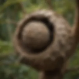 A close-up of a wasp nest nestled in a tree branch in Fort Worth