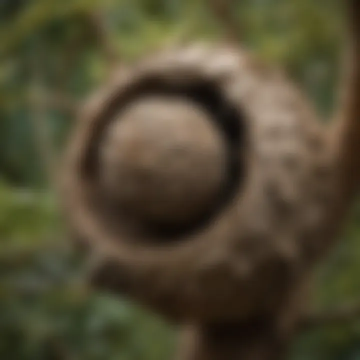 A close-up of a wasp nest nestled in a tree branch in Fort Worth